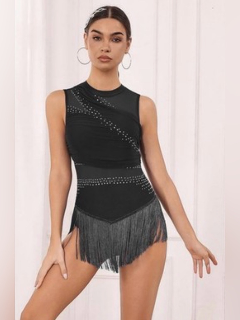 Latin Dress Tassel Fringe Sparkly Rhinestones Mesh Leotard Backless Bodysuit S
